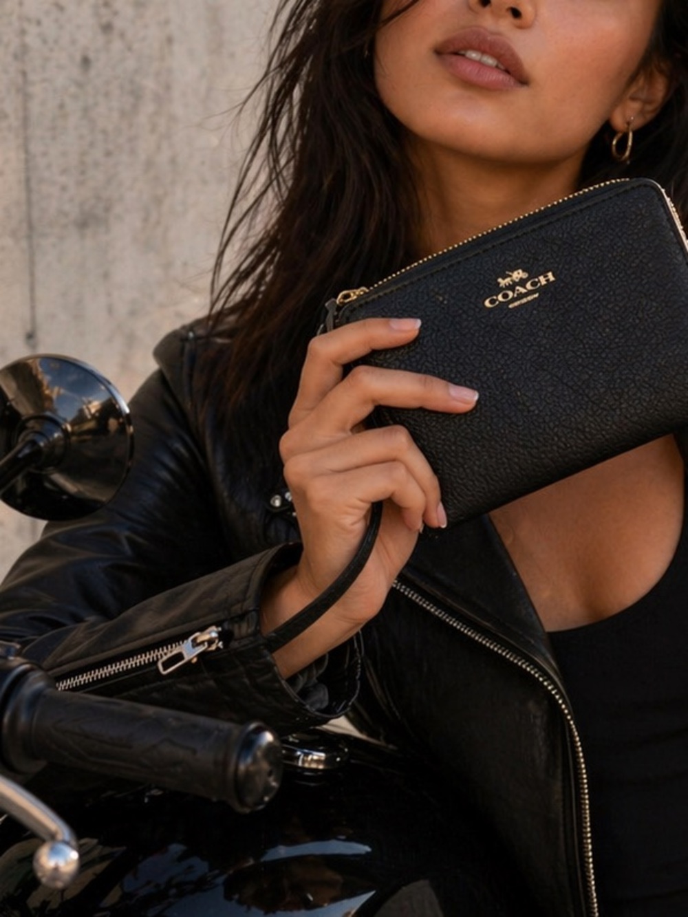 Coach Corner Zip Wristlet Black Leather with Gold Hardware